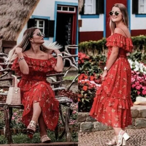 Zara Ruffle Tiered Midi Dress Blogger Fav  Red Floral Size Medium